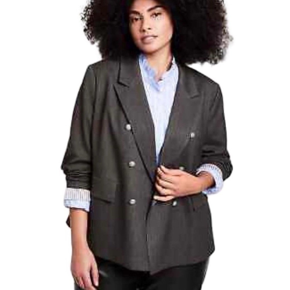 Nili Lotan Designer Charcoal Herringbone Double Breasted Blazer L / Xl
